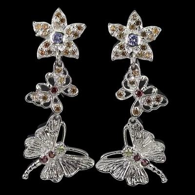 Pendientes redondos de plata de ley 925 con zafiro de tanzanita piedras preciosas naturales joyería Foto 1 de 4