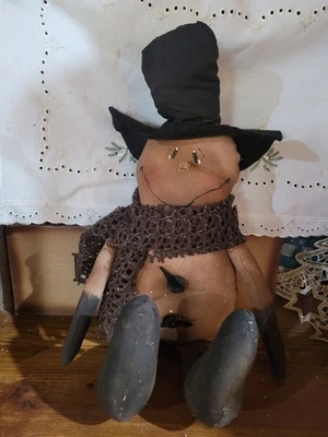 Primitive Christmas Snowman Doll with Buttons,hat,rustic scarf (Shelf Sitter) - Image 1 of 3