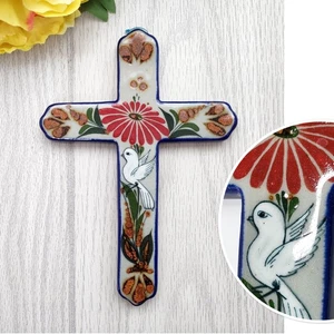 Tonala Ceramic Hand-Painted Cross Glazed Stoneware Dove Mexico Folk Art 7.75" - Picture 1 of 12
