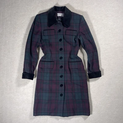 VTG Kasper ASL Petite Dress Coat Womens Green Plaid Flannel Velvet Collar Cuffs - Image 1 of 4