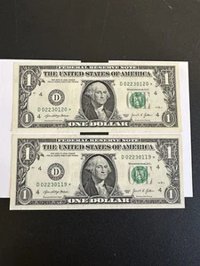 2021 $1 Dollar Star Note - Federal Reserve Note (D) D02230119* & 20* - Currency - Picture 1 of 17