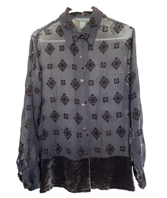 Blusa Jessica Holbrook Burnout Terciopelo Transparente Abotonada, Rayón/Seda Pequeña, BOHO Foto 1 de 4