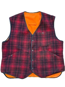 WOOLRICH Vintage Cold Weather Hunters Vest, Size XL, Red Plaid Orange Reversible - Picture 1 of 5