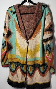 MaxSport Open 1 Button Hoodie Cardigan Eyelash Sweater XL Aztec Tribal Western - Bild 1 von 15