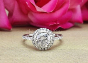 1.6ct Round Cut Moissanite Bezel Set Halo Engagement Ring 14k White Gold Plated - Picture 1 of 8
