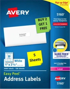 [5 Blatt] Avery 45160/5160/5260/5960 LASER Versandetiketten 1" x 2 5/8" B2G1 - Bild 1 von 1