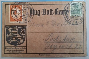 1912Germany 1st day Flight Postcard Rhein & Main ties 2 stamps cachets Frankfurt - Bild 1 von 2