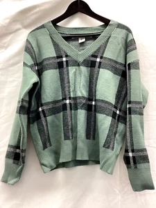Max Studio Sweater Long Sleeve Green Plaid V Neck womens size Large - Picture 1 of 7