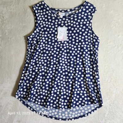 Camiseta sin mangas LuLaRoe Cacao mediana azul blanco lunares dobladillo curvo alto bajo Foto 1 de 4