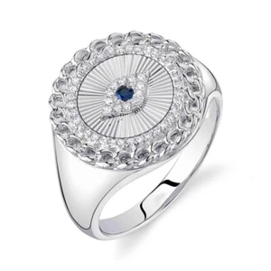 14K White Gold Diamond Blue Sapphire Eye Link Ring 0.15 CTW Natural - Picture 1 of 2