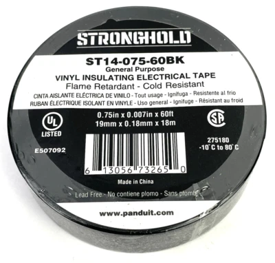 Cinta eléctrica ignífuga negra de PVC Stronghold ST14-075-60BK 10 un. Foto 1 de 4