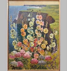 Old OIL Hand PAINTING/Tree MALLOW at Seashore/Canvas Ukrainian Signed 49"=1.3m - Picture 1 of 5