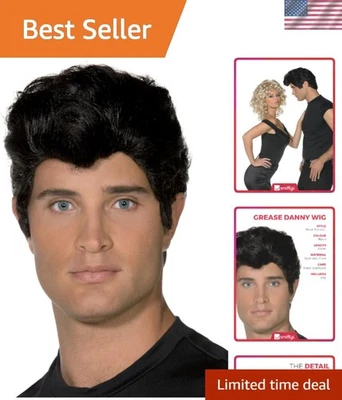 Authentic Black Danny Wig for Adults - Perfect for Grease Fancy Dress Parties - Image 1 of 4