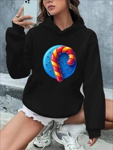 Lässiger Damen Rippstrick Hoodie mit Buchstaben & Grafikdruck, Polyester Strick Stoff - Bild 1 von 7
