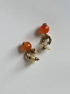 Vtg Earrings Sterling Silver Pierced Dangle Carnelian Hoop 925 Vermeil Gold - Picture 1 of 3