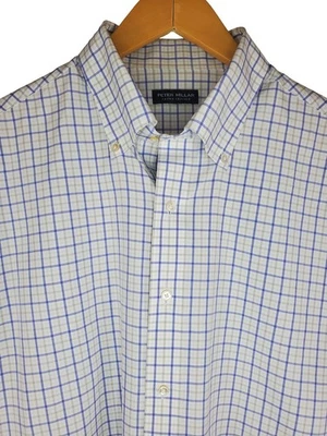 Camisa de vestir Peter Millar para hombre L azul gris a cuadros manga larga con botones Foto 1 de 4