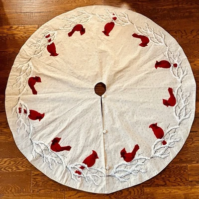 Christmas Tree Skirt 63” Embroidered Cardinals Bird Snow Branch Sparkling Large - Image 1 of 4