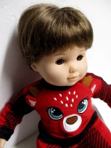 American Girl Bitty Twin BOY Brown Hair Eyes Doll Red Buffalo Plaid Reindeer Pjs - Picture 1 of 13