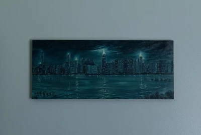 New York City Skyline Oil Painting Nocturn Night lights Brooklyn view East River - Image 1 of 3