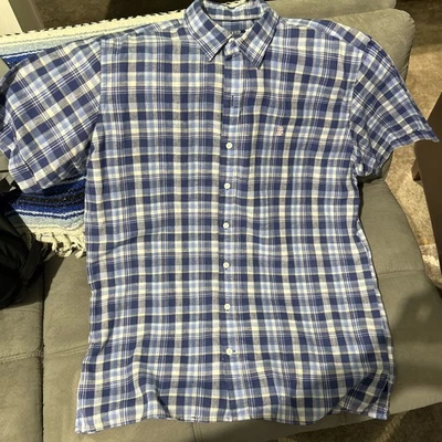 IZOD Saltwater Shirt Mens XLT Tall XL Blue Plaid Short Sleeve Button Down Cotton - Image 1 of 4
