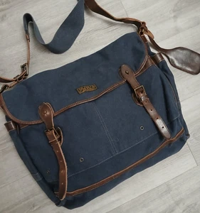 Polo Ralph Lauren Cotton Twill & Leather Messenger Laptop Bag - Navy / Brown - Picture 1 of 11