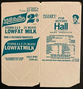 Collectible Halls Brothers Half Pint Low Fat Milk Carton-Montgomery, ALA. "NOS" - Picture 1 of 2
