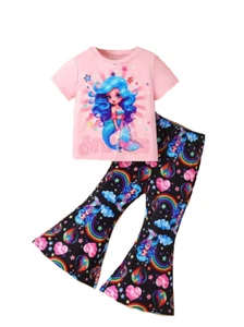Girls Mermaid Pants Set 6 Bell Flared Leg Short Sleeve Top Kids Outfit - Picture 1 of 2