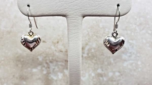 Vintage Diamond Cut Sterling Silver Puffy Heart Dangle Earrings, stp 925 - Picture 1 of 7