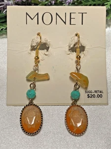 Vintage Monet Quartz Facet Semi Precious Stone Simulated Turquoise Drop Earrings - Picture 1 of 10