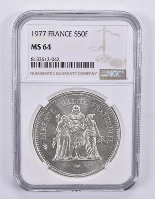 Francia 1977 50 francos plata MS64 NGC etiqueta marrón *3099 Foto 1 de 4