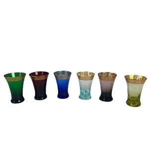 Set of 6 Manorism Cordial Shot Glasses Gold Etched Rim Different Colors Vintage - Picture 1 of 10