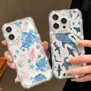 For iPhone 16 Pro Max 16e 15 14 13 12 Silicone Diamond Sharks Turtles Case Cover - Picture 1 of 15