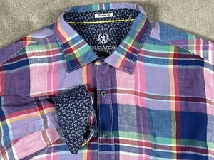 Bugatchi Uomo Shirt Mens XXL Madras Plaid 100% Linen Shaped Fit Button-Up - Picture 1 of 7