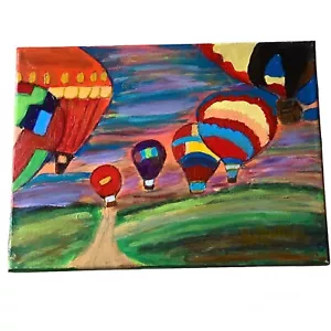 Original Kunst signiertes Gemälde bunte Heißluftballons Landschaft 9x12 Leinwand - Bild 1 von 7