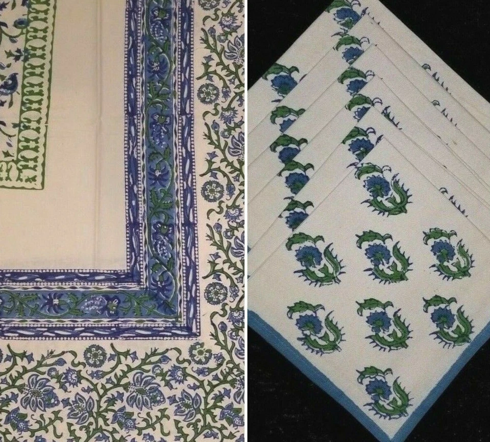 Blue Green White Rectangular Block Print Table Cloth & Napkins Set  - Image 1 of 4