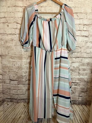 Vestido Luxology Mujer Mediano Midi Pastel Rayas Asimétricas Manga Globo Aberturas Foto 1 de 4