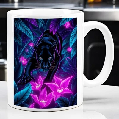 BLACK PANTHER TROPICAL PINK JUNGLE FLOWERS Coffee Mug Cup Gift Idea Exotic Wild - image 1 of 4