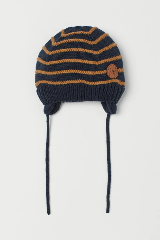 SALE NEW H&M Baby Boys 0-3 3-6 Months Knit Hat Stripe Chin Tie Ear Flap Bear UK