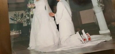 Свадебное платье, белый, колокольчики рукава, длинный поезд, органза, украшенный, размер 8 платье - Изображение 1 из 4