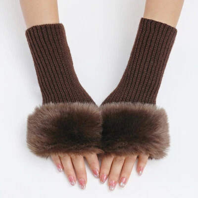 Knitted Fingerless Gloves Mittens Hand Warmers Furry Faux Fur Touch Screen Girls - Image 1 of 4