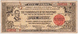 Mazuma *F1047 Philippines Emergency Note 1942 5 Pesos 193592C AVF - Picture 1 of 2