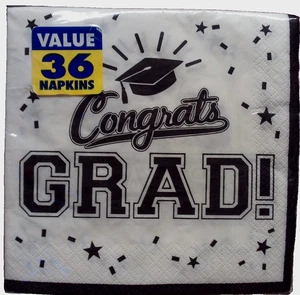 Congrats GRAD! White-Black Graduation 36pc Dinner Napkins-2 Ply AMSCAN USA  1013 - Picture 1 of 2