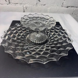 Vtg Fostoria American Clear Glass Cubist Platter 12" & Footed Cheese Plate 5.5" - Picture 1 of 5