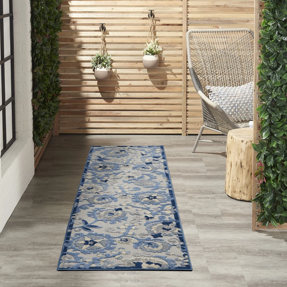 Blue Grey Floral Kitchen Runner Rug 2X8 Durable Polypropylene Indoor Outdoor - Image 1 of 4
