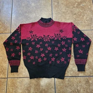 Vintage 80s Demetre Ski Sweater Wool Knit Red Black Snowflake Womens Medium - Picture 1 of 7
