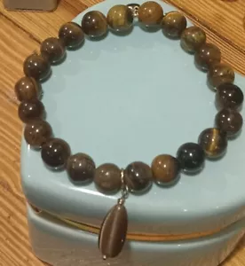 Vintage 14k Yellow Gold Filled Natural Tiger's Eye Gemstone Full Bead Bracelet  - Picture 1 of 6