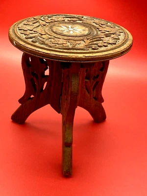 Vintage Plant Stand Table 2 Piece Ornate Hand Carved Foldable Stool - Image 1 of 4