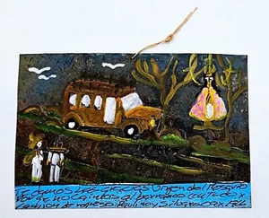 Letrero de hojalata mexicano ex-voto gracias por salvarnos de accidente de autobús arte popular Retablo - Imagen 1 de 5