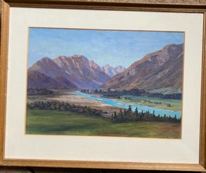 Gouache Mountain Valley with River Small Village and Houses Mountain Panorama - Picture 1 of 10