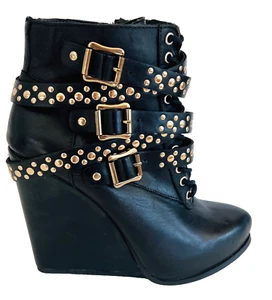BCBCGeneration Larissa Size 7 M Black Leather Gold Studded Straps Wedge Booties - Picture 1 of 8
